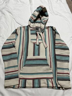 Sendra Cream, Teal, Black & Red Striped Baja Pullover Hoodie